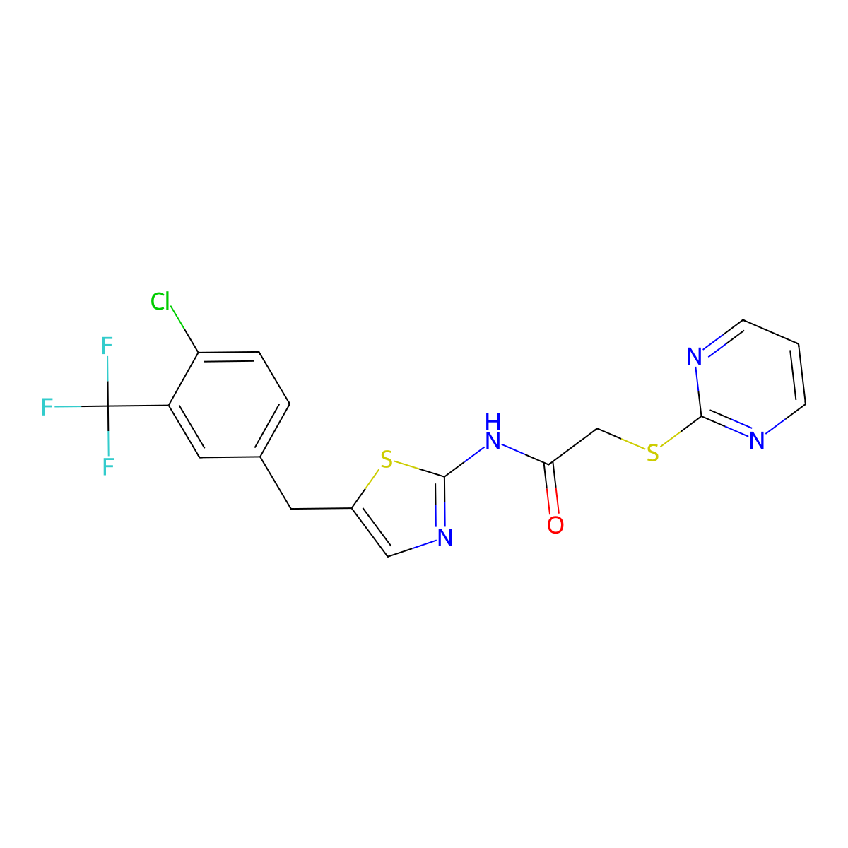 N-(5-(4-chloro-3-(trifluoromethyl)benzyl)thiazol-2-yl)-2-(pyrimidin-2-ylthio)acetamide molecular structure, CAS 842970-97-2
