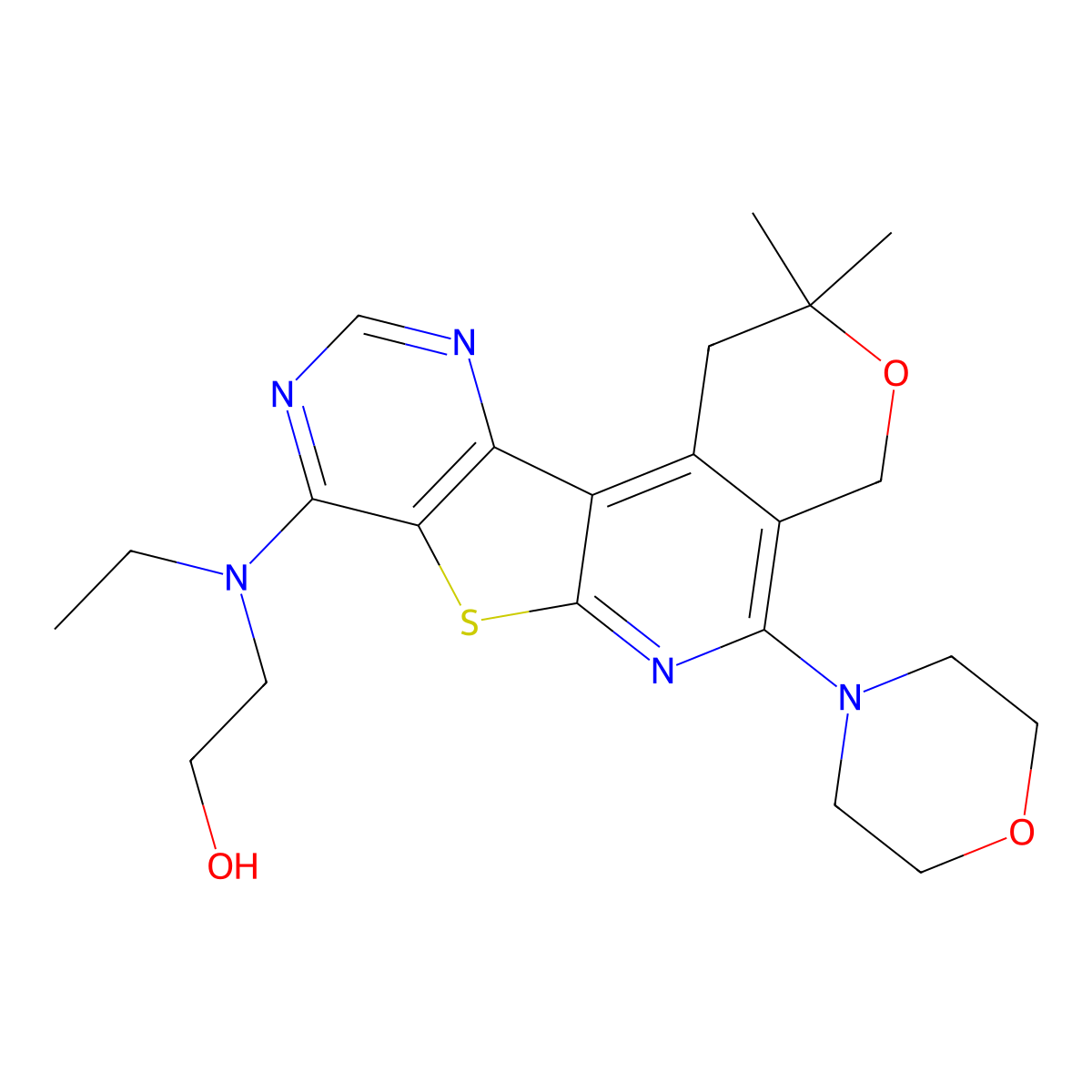 2-((2,2-dimethyl-5-morpholino-2,4-dihydro-1H-pyrano[4'',3'':4',5']pyrido[3',2':4,5]thieno[3,2-d]pyrimidin-8-yl)(ethyl)amino)ethanol molecular structure, CAS 842971-42-0
