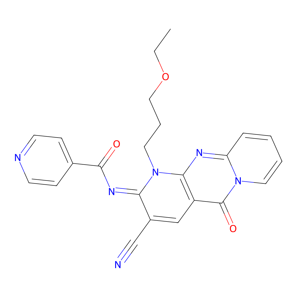 (E)-N-(3-cyano-1-(3-ethoxypropyl)-5-oxo-1H-dipyrido[1,2-a:2',3'-d]pyrimidin-2(5H)-ylidene)isonicotinamide molecular structure, CAS 842971-68-0