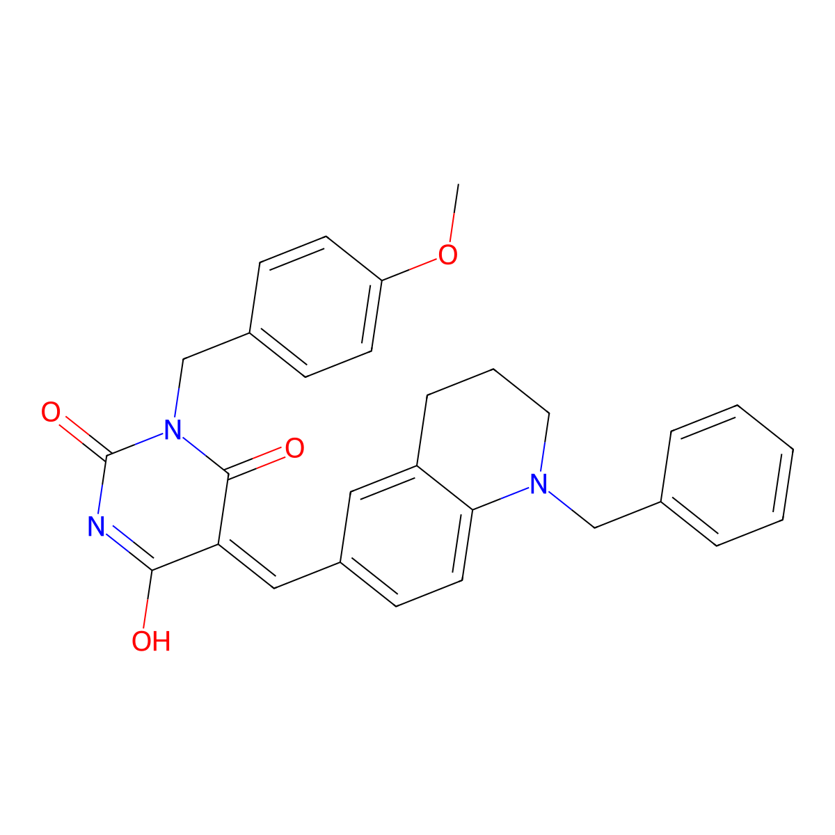 1-[(4-Methoxyphenyl)methyl]-5-[[1,2,3,4-tetrahydro-1-(phenylmethyl)-6-quinolinyl]methylene]-2,4,6(1H,3H,5H)-pyrimidinetrione molecular structure, CAS 842972-48-9