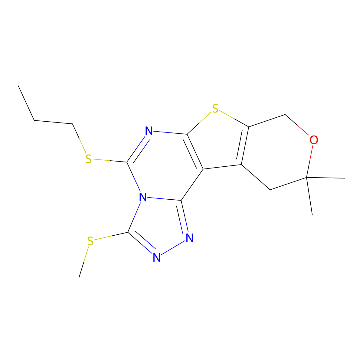 10,10-dimethyl-3-(methylsulfanyl)-5-(propylsulfanyl)-10,11-dihydro-8H-pyrano[4',3':4,5]thieno[3,2-e][1,2,4]triazolo[4,3-c]pyrimidine molecular structure, CAS 842972-78-5