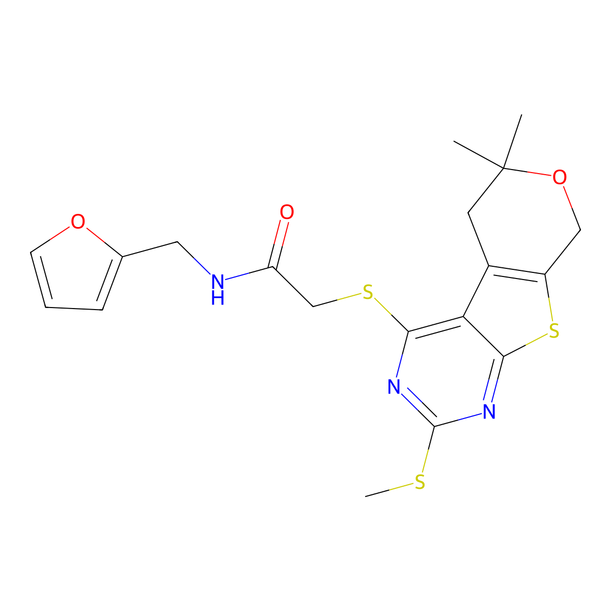 2-[(12,12-dimethyl-5-methylsulfanyl-11-oxa-8-thia-4,6-diazatricyclo[7.4.0.02,7]trideca-1(9),2(7),3,5-tetraen-3-yl)sulfanyl]-N-(furan-2-ylmethyl)acetamide molecular structure, CAS 842973-49-3