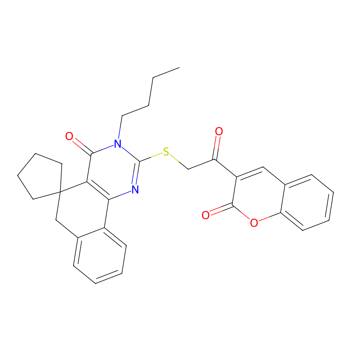 3-butyl-2-[2-oxo-2-(2-oxochromen-3-yl)ethyl]sulfanylspiro[6H-benzo[h]quinazoline-5,1'-cyclopentane]-4-one molecular structure, CAS 842974-83-8