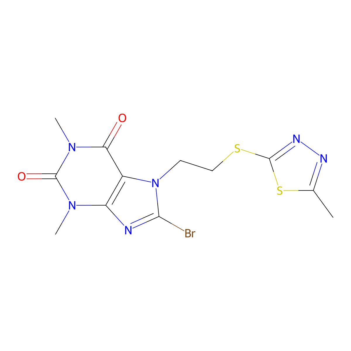 8-Bromo-1,3-dimethyl-7-[2-(5-methyl(1,3,4-thiadiazol-2-ylthio))ethyl]-1,3,7-tr ihydropurine-2,6-dione molecular structure, CAS 842974-95-2