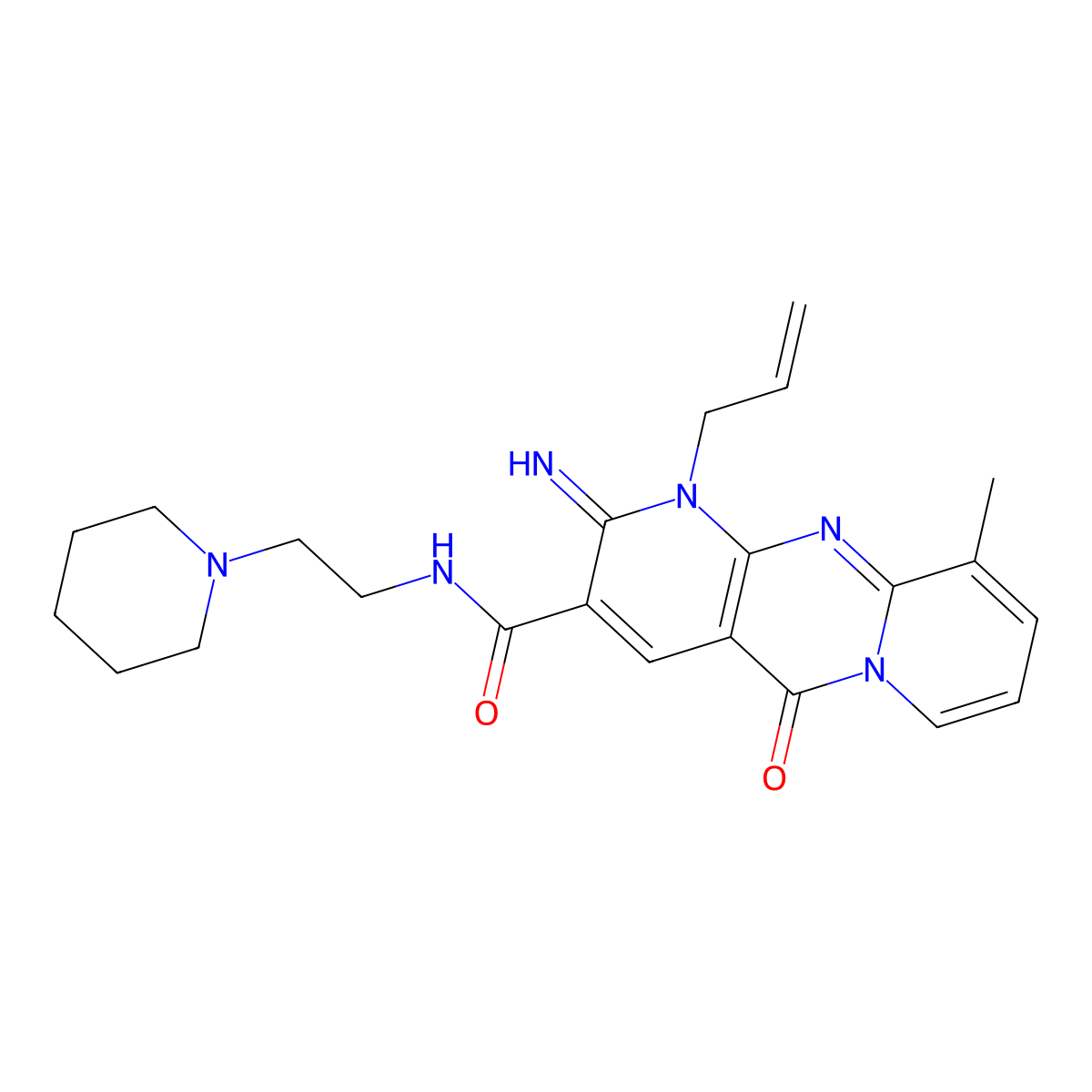 (2-imino-10-methyl-5-oxo-1-prop-2-enyl(1,6-dihydropyridino[2,3-d]pyridino[1,2-a]pyrimidin-3-yl))-N-(2-piperidylethyl)carboxamide molecular structure, CAS 842975-55-7