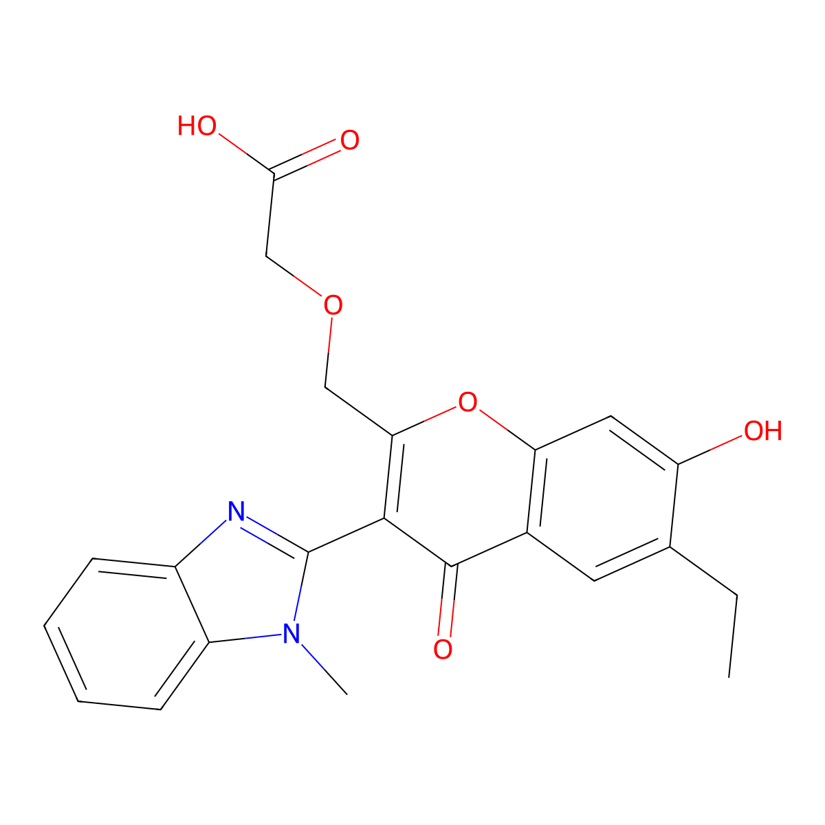 2-((6-ethyl-7-hydroxy-3-(1-methyl-1H-benzo[d]imidazol-2-yl)-4-oxo-4H-chromen-2-yl)methoxy)acetic acid molecular structure, CAS 842976-34-5