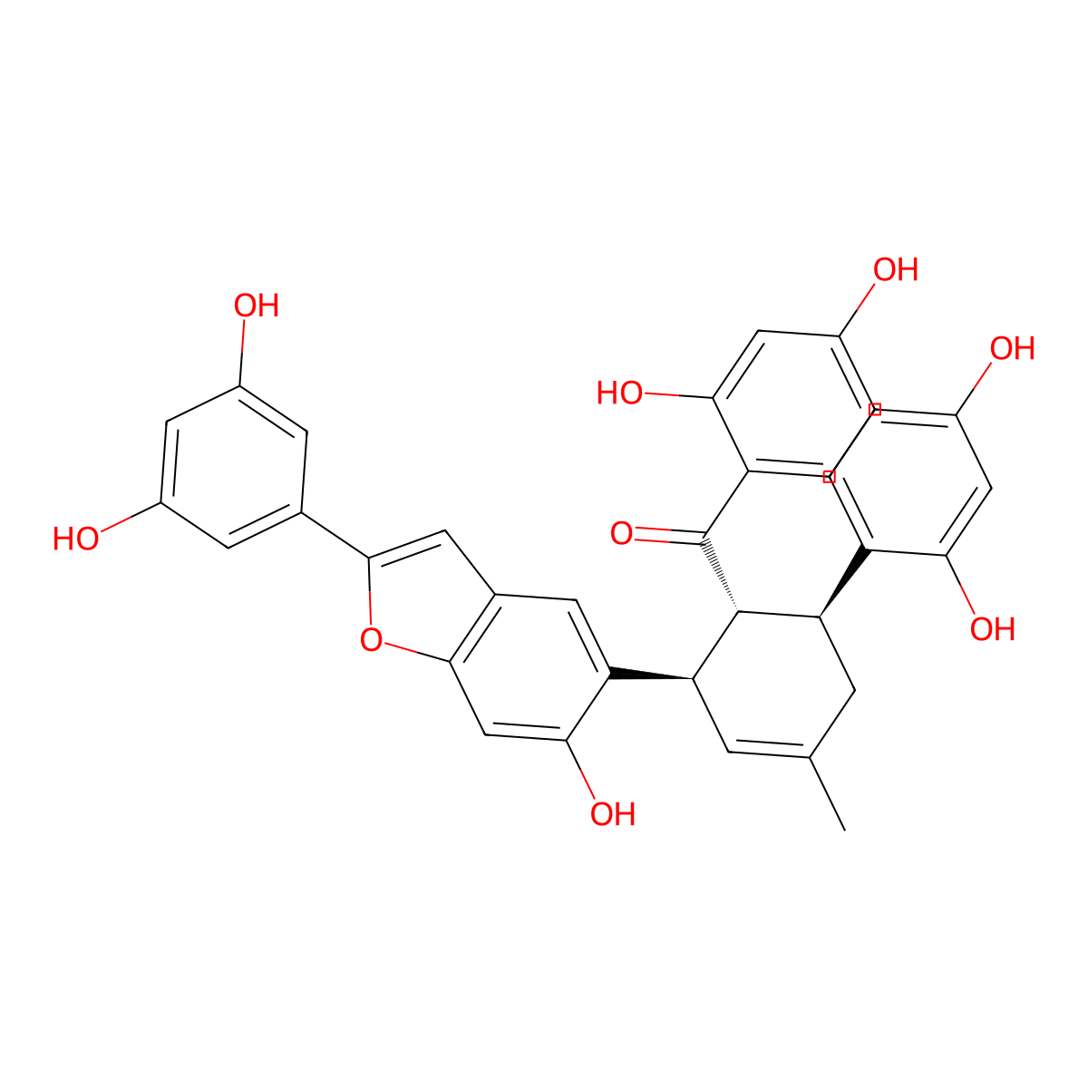rel-(-)-(2,4-Dihydroxyphenyl)((1R,2R,6S)-6-(2,4-dihydroxyphenyl)-2-(2-(3,5-dihydroxyphenyl)-6-hydroxy-5-benzofuranyl)-4-methyl-3-cyclohexen-1-yl)methanone molecular structure, CAS 84323-16-0