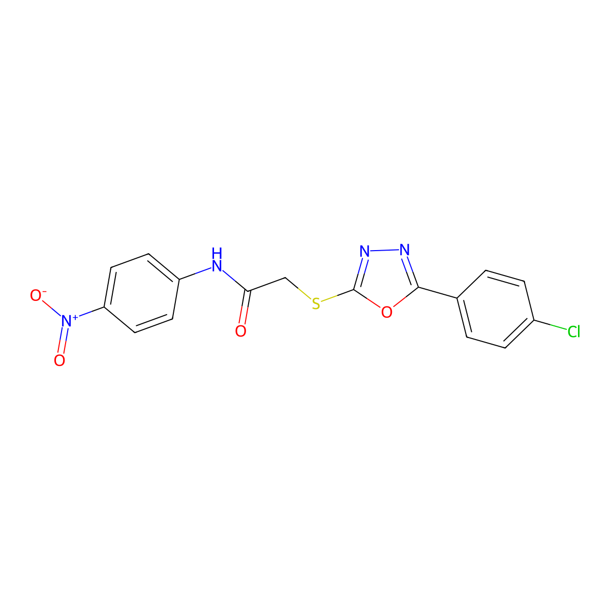 2-((5-(4-chlorophenyl)-1,3,4-oxadiazol-2-yl)thio)-N-(4-nitrophenyl)acetamide molecular structure, CAS 84327-87-7