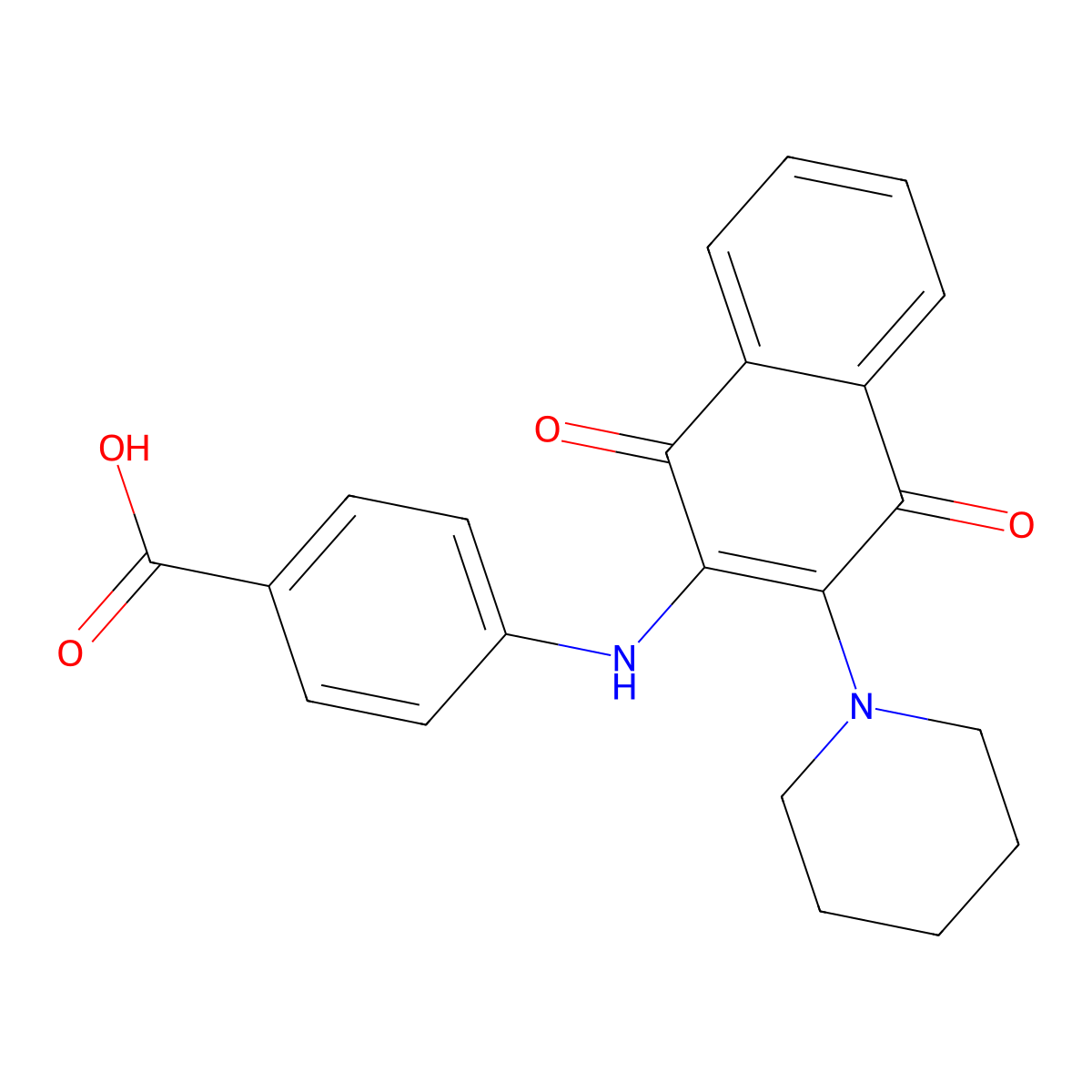 4-((1,4-Dioxo-3-(piperidin-1-yl)-1,4-dihydronaphthalen-2-yl)amino)benzoic acid molecular structure, CAS 84349-01-9