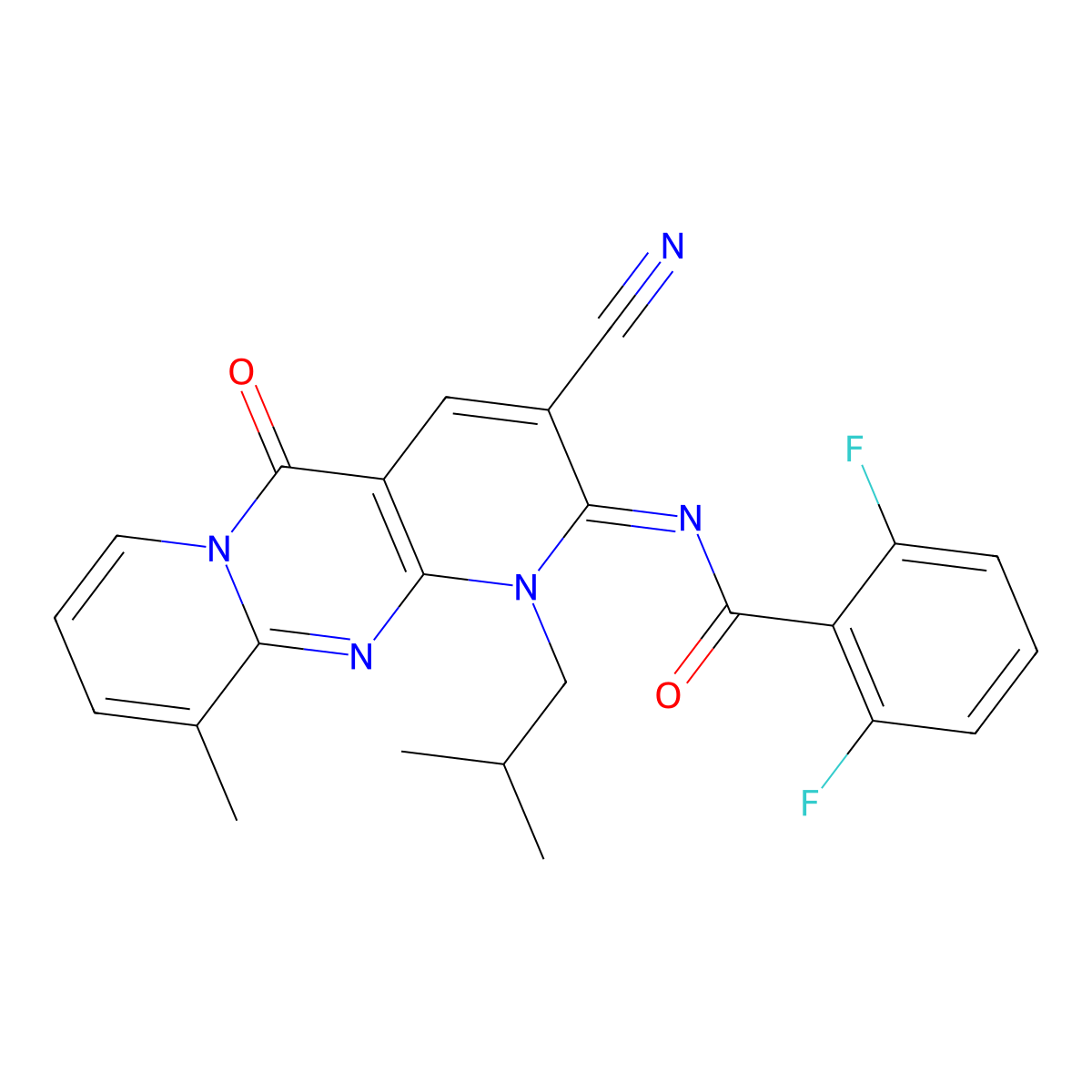 (E)-N-(3-cyano-1-isobutyl-10-methyl-5-oxo-1H-dipyrido[1,2-a:2',3'-d]pyrimidin-2(5H)-ylidene)-2,6-difluorobenzamide molecular structure, CAS 843615-66-7