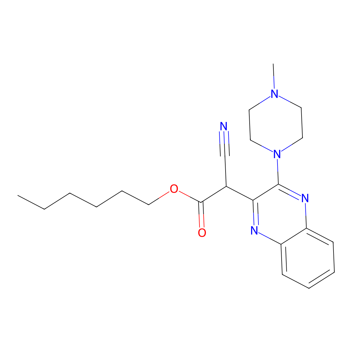 Hexyl 2-cyano-2-[3-(4-methylpiperazin-1-yl)quinoxalin-2-yl]acetate molecular structure, CAS 843615-79-2