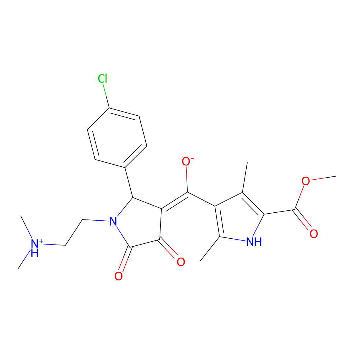 methyl 4-[[2-(4-chlorophenyl)-1-[2-(dimethylamino)ethyl]-4,5-dioxopyrrolidin-3-ylidene]-hydroxymethyl]-3,5-dimethyl-1H-pyrrole-2-carboxylate molecular structure, CAS 843615-88-3