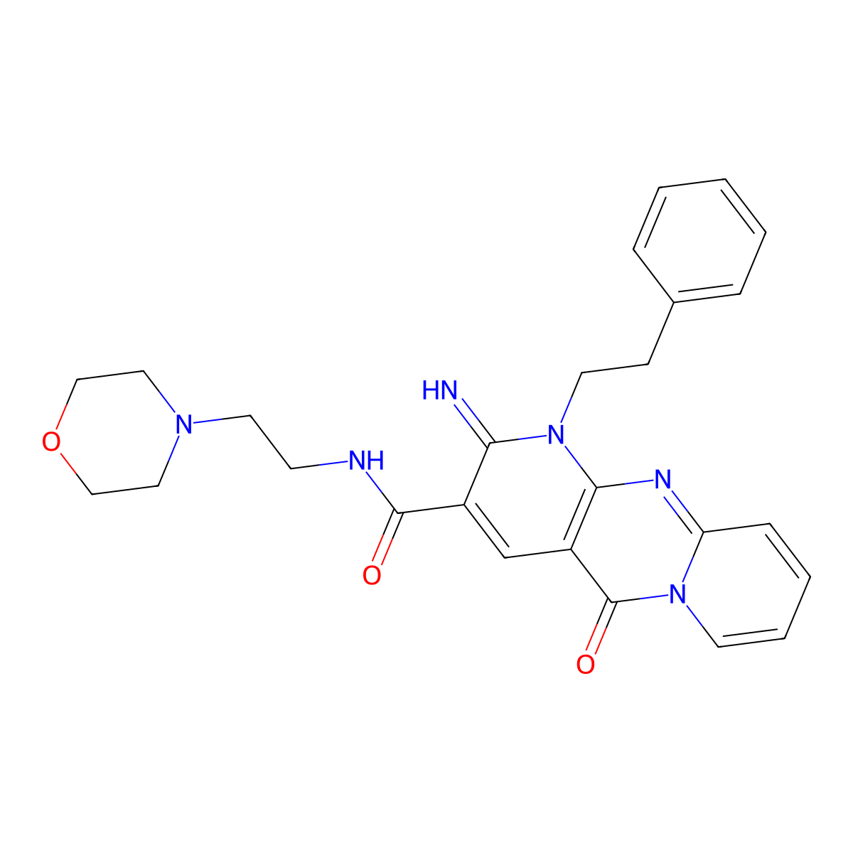 2-imino-5-keto-N-(2-morpholinoethyl)-1-phenethyl-dipyrido[1,2-d:3'',4''-f]pyrimidine-3-carboxamide molecular structure, CAS 843615-93-0
