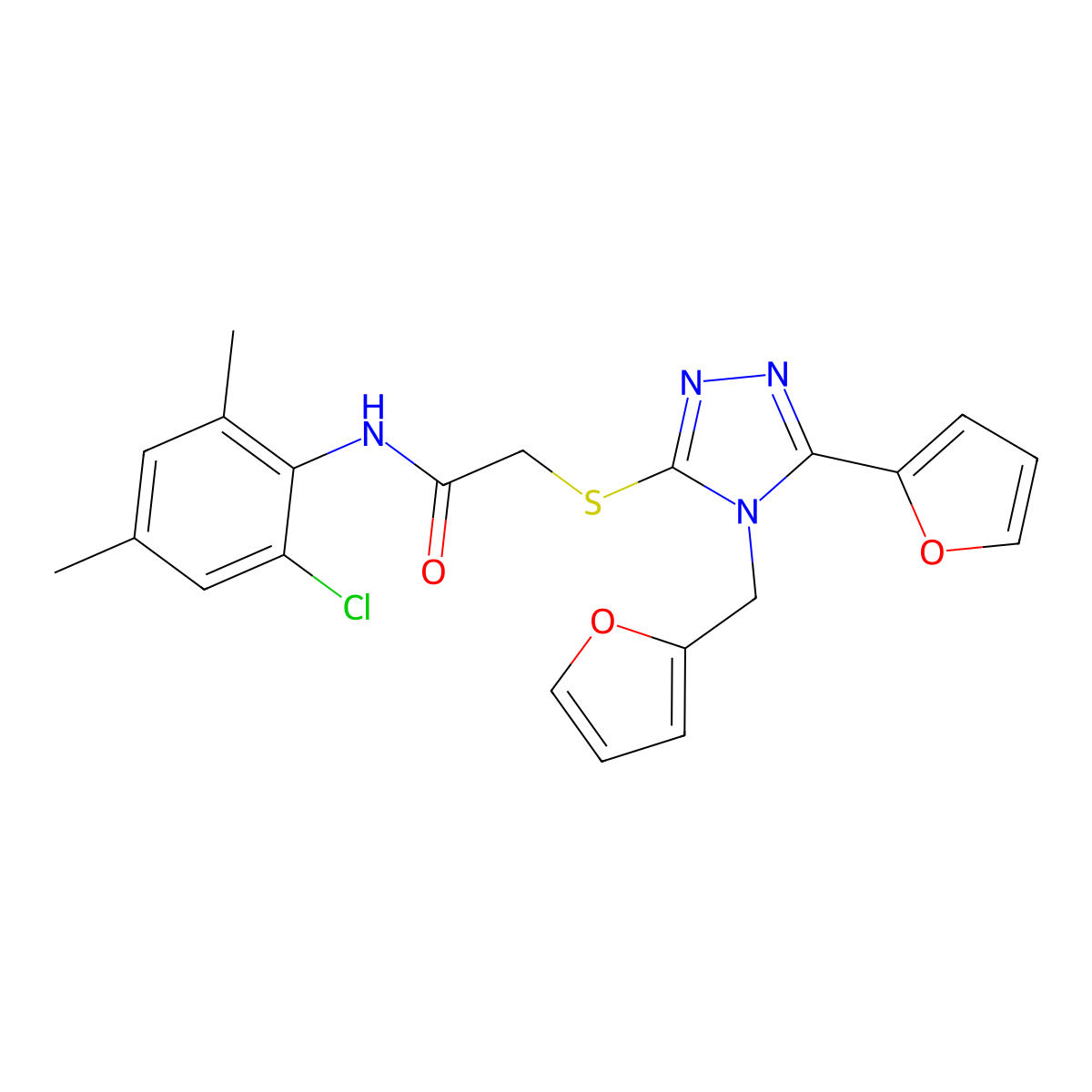 N-(2-chloro-4,6-dimethylphenyl)-2-{[5-(furan-2-yl)-4-(furan-2-ylmethyl)-4H-1,2,4-triazol-3-yl]sulfanyl}acetamide molecular structure, CAS 843616-40-0