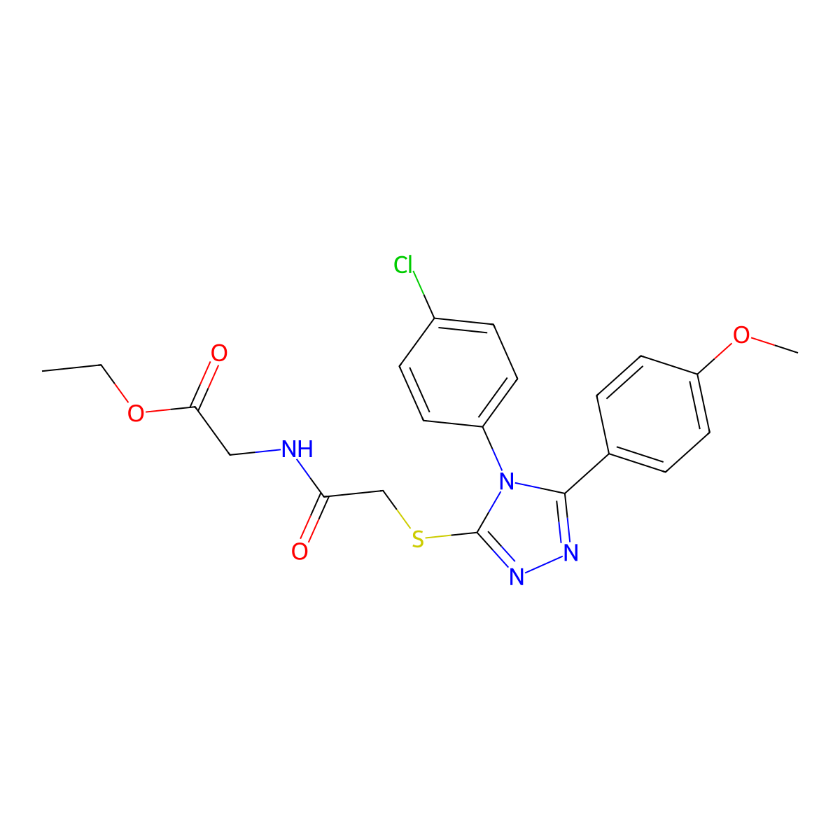 Ethyl 2-{2-[4-(4-chlorophenyl)-5-(4-methoxyphenyl)-1,2,4-triazol-3-ylthio]acet ylamino}acetate molecular structure, CAS 843618-36-0
