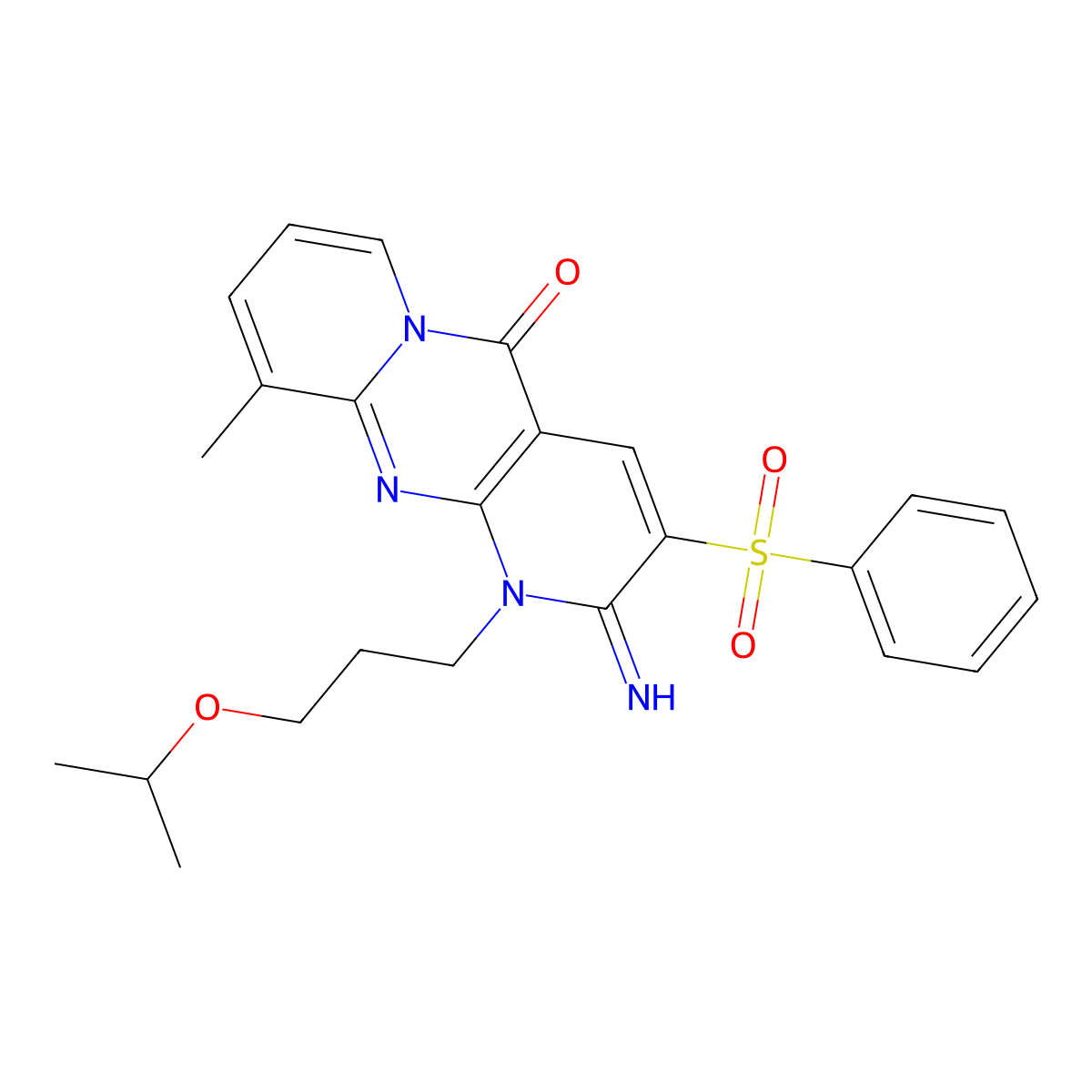 2-imino-1-(3-isopropoxypropyl)-10-methyl-3-(phenylsulfonyl)-1,2-dihydro-5H-dipyrido[1,2-a:2,3-d]pyrimidin-5-one molecular structure, CAS 843619-41-0