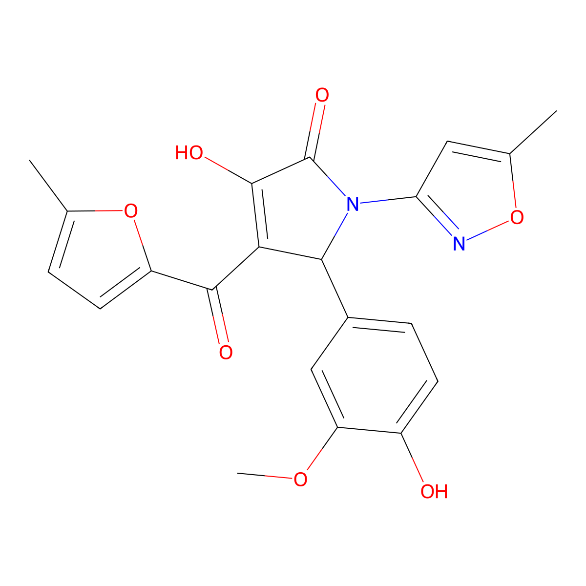 (4E)-5-(4-hydroxy-3-methoxyphenyl)-4-[hydroxy(5-methylfuran-2-yl)methylidene]-1-(5-methyl-1,2-oxazol-3-yl)pyrrolidine-2,3-dione molecular structure, CAS 843619-49-8