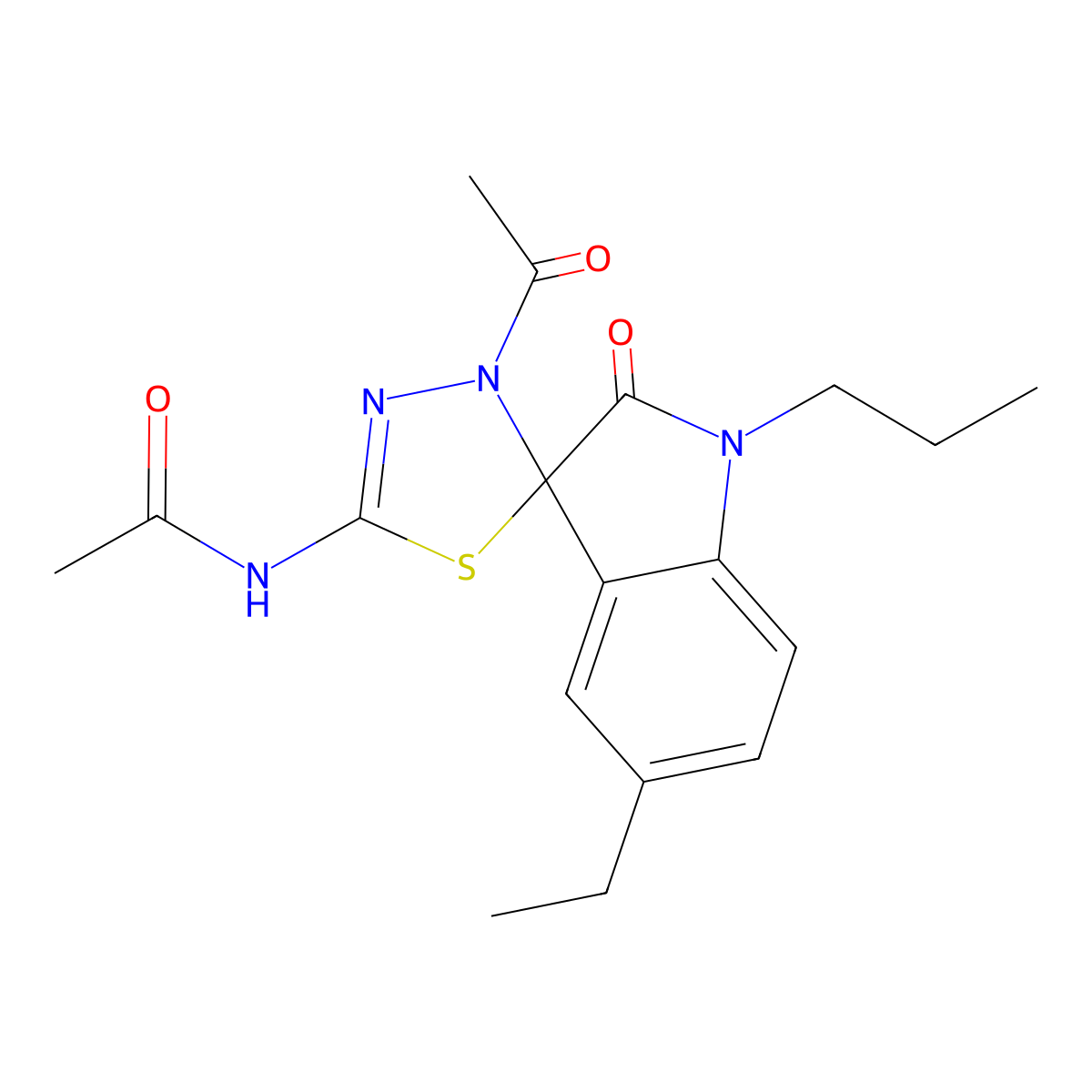 N-{4'-acetyl-5-ethyl-1-propyl-1,3,4',5'-tetrahydro-2-oxospiro(2H-indole-3,5'-[1,3,4]thiadiazole)-2'-yl}acetamide molecular structure, CAS 843619-83-0