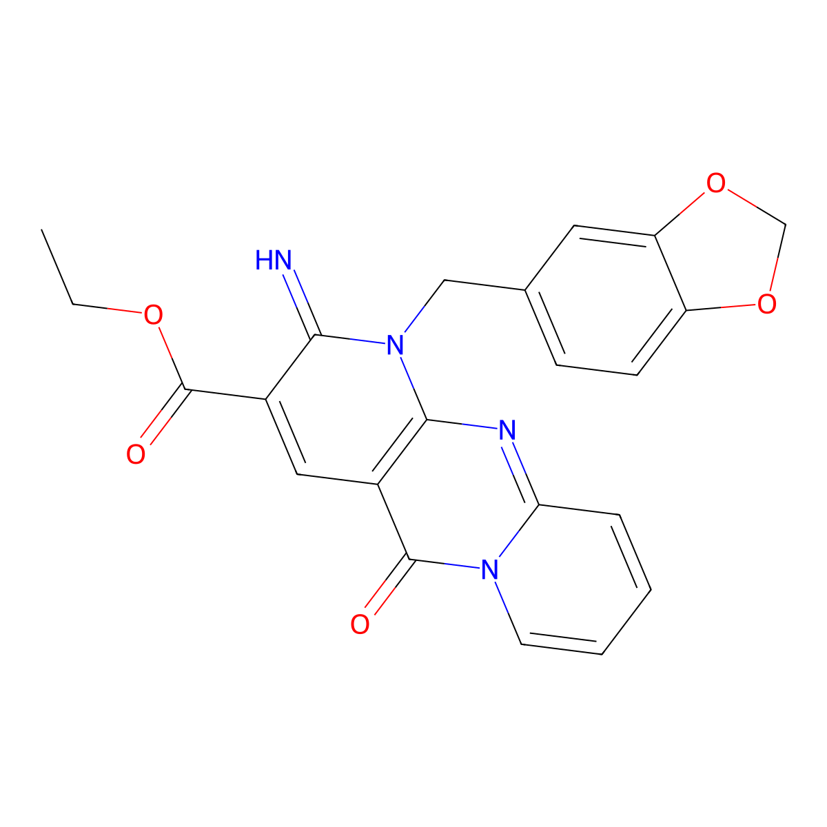 ethyl 7-[(2H-1,3-benzodioxol-5-yl)methyl]-6-imino-2-oxo-1,7,9-triazatricyclo[8.4.0.0^{3,8}]tetradeca-3(8),4,9,11,13-pentaene-5-carboxylate molecular structure, CAS 843619-91-0
