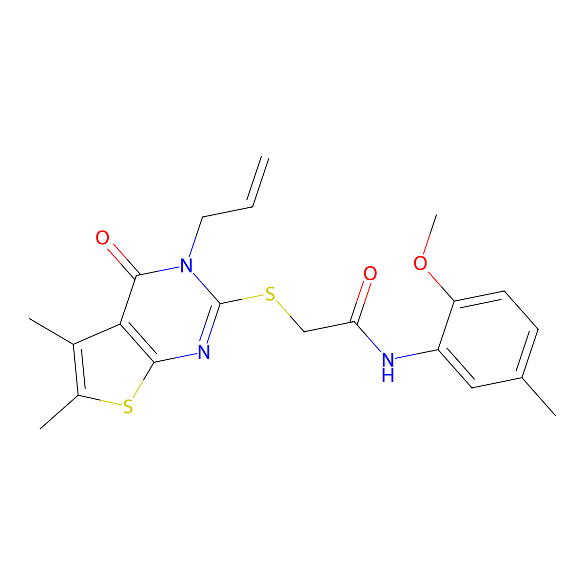 2-{[5,6-dimethyl-4-oxo-3-(prop-2-en-1-yl)-3,4-dihydrothieno[2,3-d]pyrimidin-2-yl]sulfanyl}-N-(2-methoxy-5-methylphenyl)acetamide molecular structure, CAS 843619-95-4