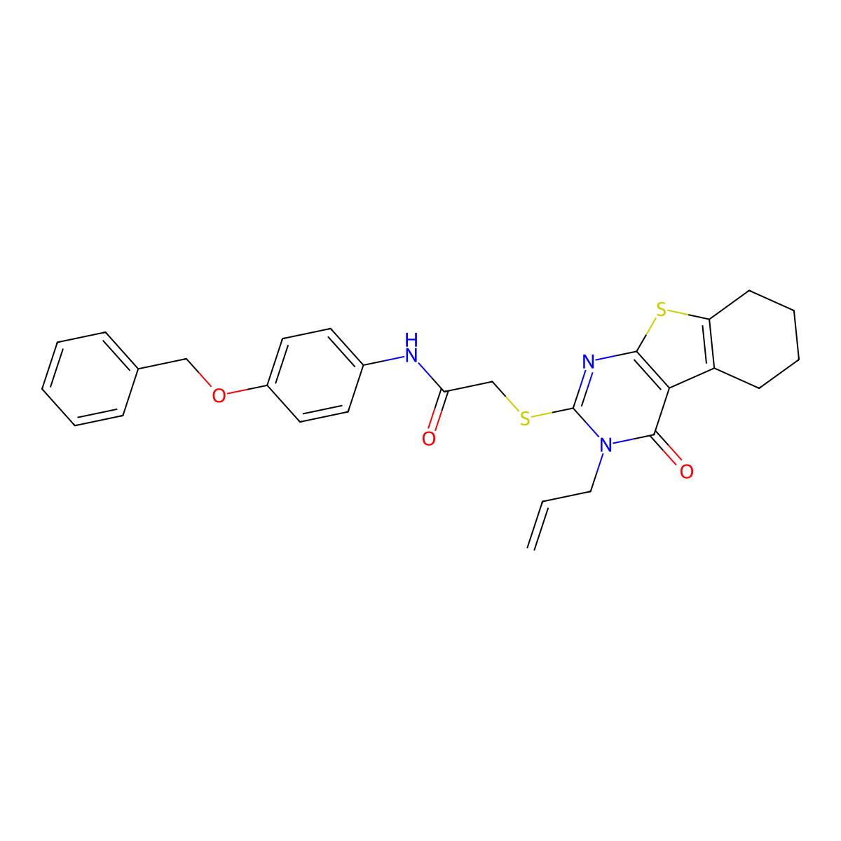 N-[4-(benzyloxy)phenyl]-2-{[4-oxo-3-(prop-2-en-1-yl)-3,4,5,6,7,8-hexahydro[1]benzothieno[2,3-d]pyrimidin-2-yl]sulfanyl}acetamide molecular structure, CAS 843620-52-0