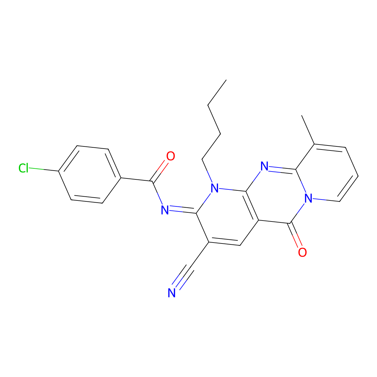 N-(1-butyl-3-cyano-10-methyl-5-oxo-1,5-dihydro-2H-dipyrido[1,2-a:2,3-d]pyrimidin-2-ylidene)-4-chlorobenzamide molecular structure, CAS 843620-57-5