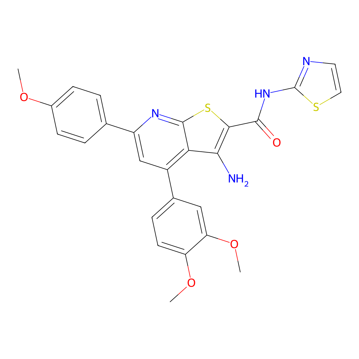 3-amino-4-(3,4-dimethoxyphenyl)-6-(4-methoxyphenyl)-N-(1,3-thiazol-2-yl)thieno[2,3-b]pyridine-2-carboxamide molecular structure, CAS 843620-81-5