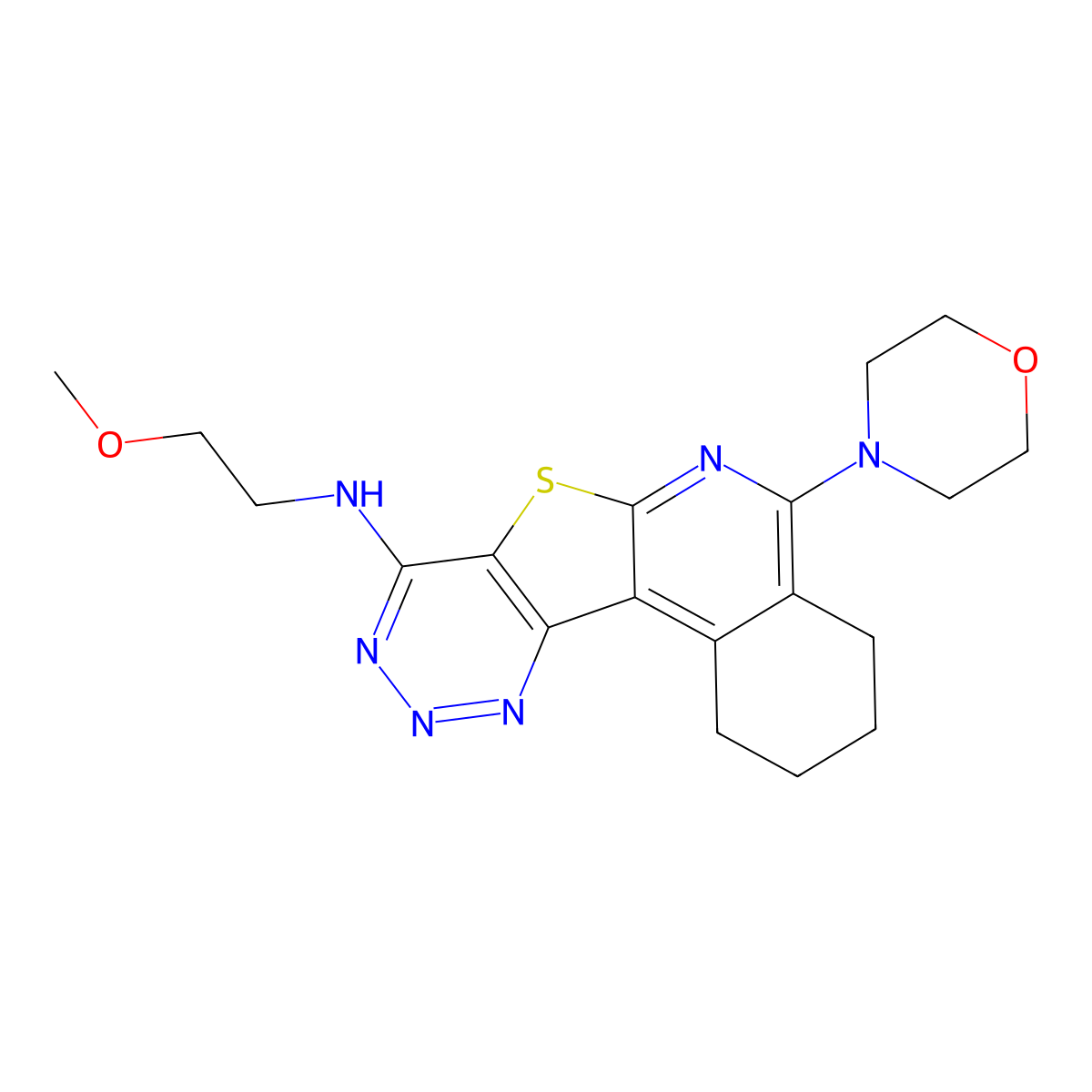 N-(2-methoxyethyl)-5-morpholino-1,2,3,4-tetrahydro-[1,2,3]triazino[4',5':4,5]thieno[2,3-c]isoquinolin-8-amine molecular structure, CAS 843621-43-2