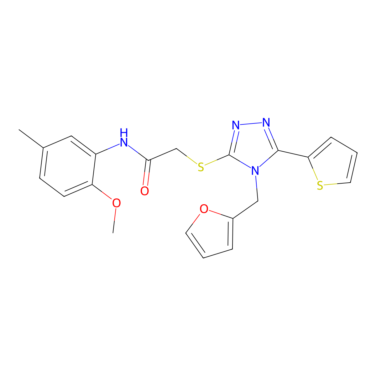 2-{[4-(furan-2-ylmethyl)-5-(thiophen-2-yl)-4H-1,2,4-triazol-3-yl]sulfanyl}-N-(2-methoxy-5-methylphenyl)acetamide molecular structure, CAS 843621-48-7