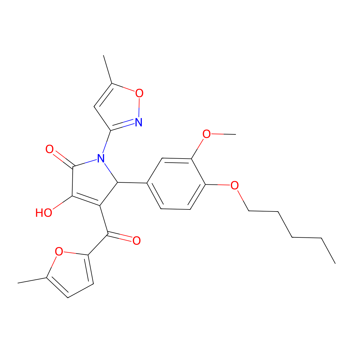 (4E)-4-[hydroxy(5-methylfuran-2-yl)methylidene]-5-[3-methoxy-4-(pentyloxy)phenyl]-1-(5-methyl-1,2-oxazol-3-yl)pyrrolidine-2,3-dione molecular structure, CAS 843621-50-1