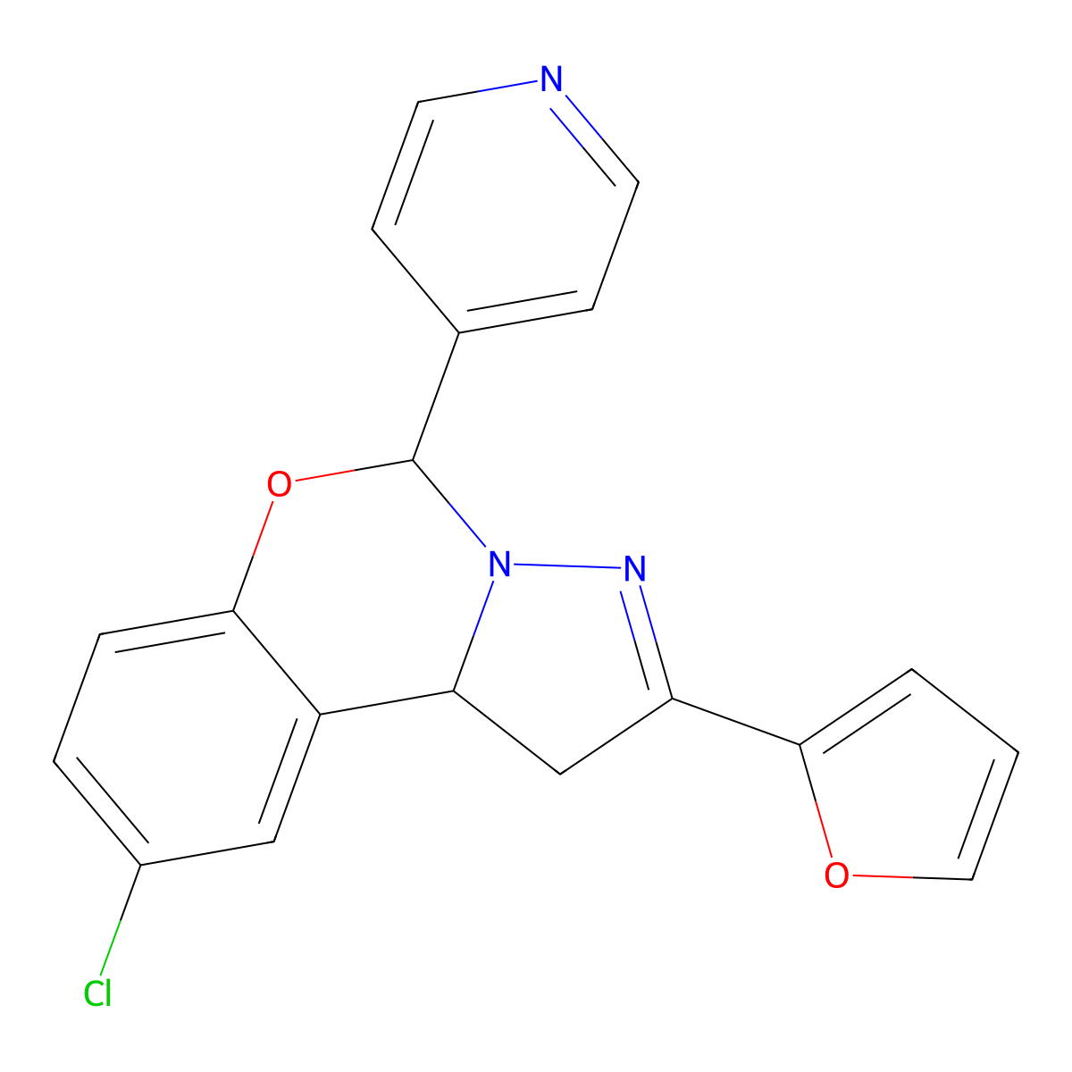 9-Chloro-2-(2-furyl)-5-pyridin-4-yl-1,10b-dihydropyrazolo[1,5-c][1,3]benzoxazine molecular structure, CAS 843622-10-6