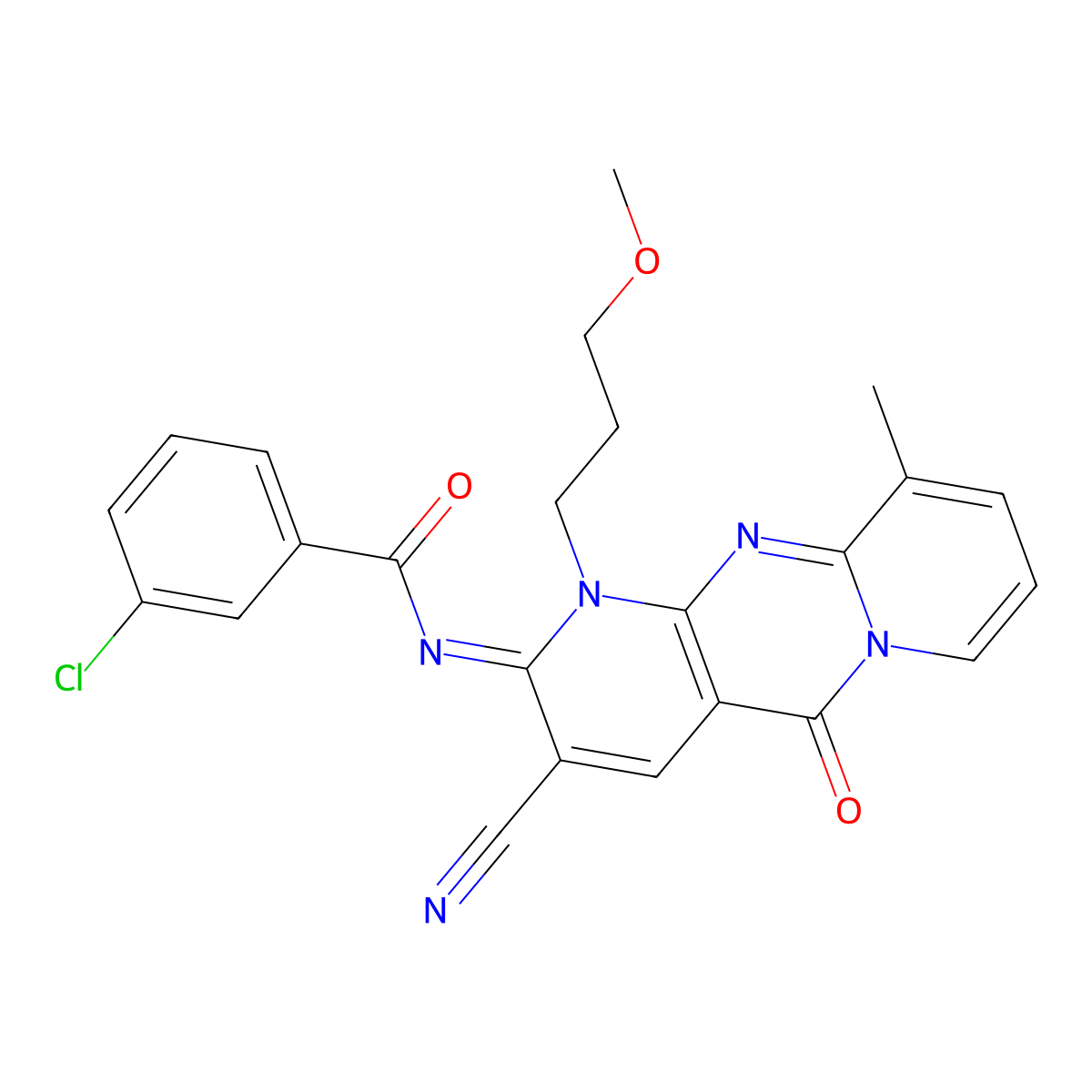 (E)-3-chloro-N-(3-cyano-1-(3-methoxypropyl)-10-methyl-5-oxo-1H-dipyrido[1,2-a:2',3'-d]pyrimidin-2(5H)-ylidene)benzamide molecular structure, CAS 843624-36-2