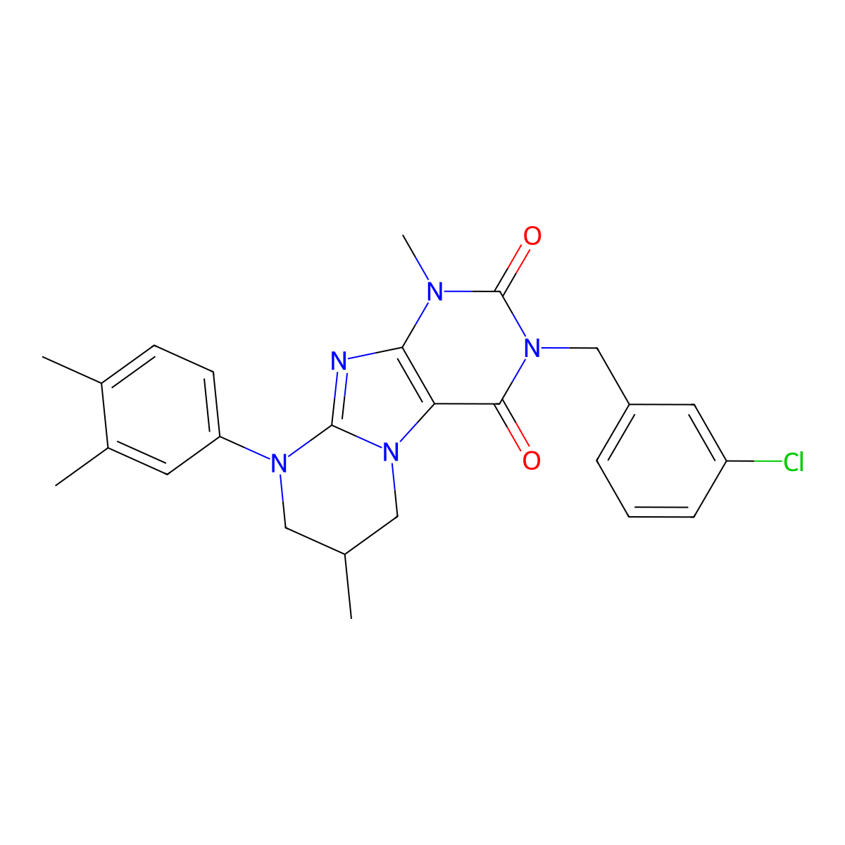 3-(3-chlorobenzyl)-9-(3,4-dimethylphenyl)-1,7-dimethyl-6,7,8,9-tetrahydropyrimido[2,1-f]purine-2,4(1H,3H)-dione molecular structure, CAS 843625-83-2