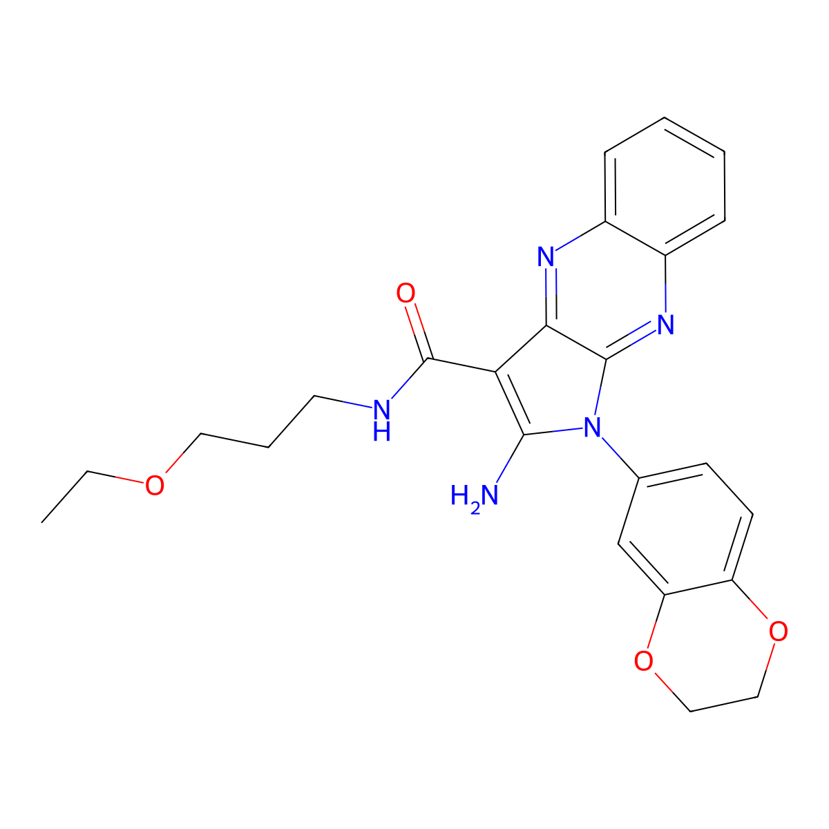 2-amino-1-(2,3-dihydro-1,4-benzodioxin-6-yl)-N-(3-ethoxypropyl)-1H-pyrrolo[2,3-b]quinoxaline-3-carboxamide molecular structure, CAS 843625-99-0