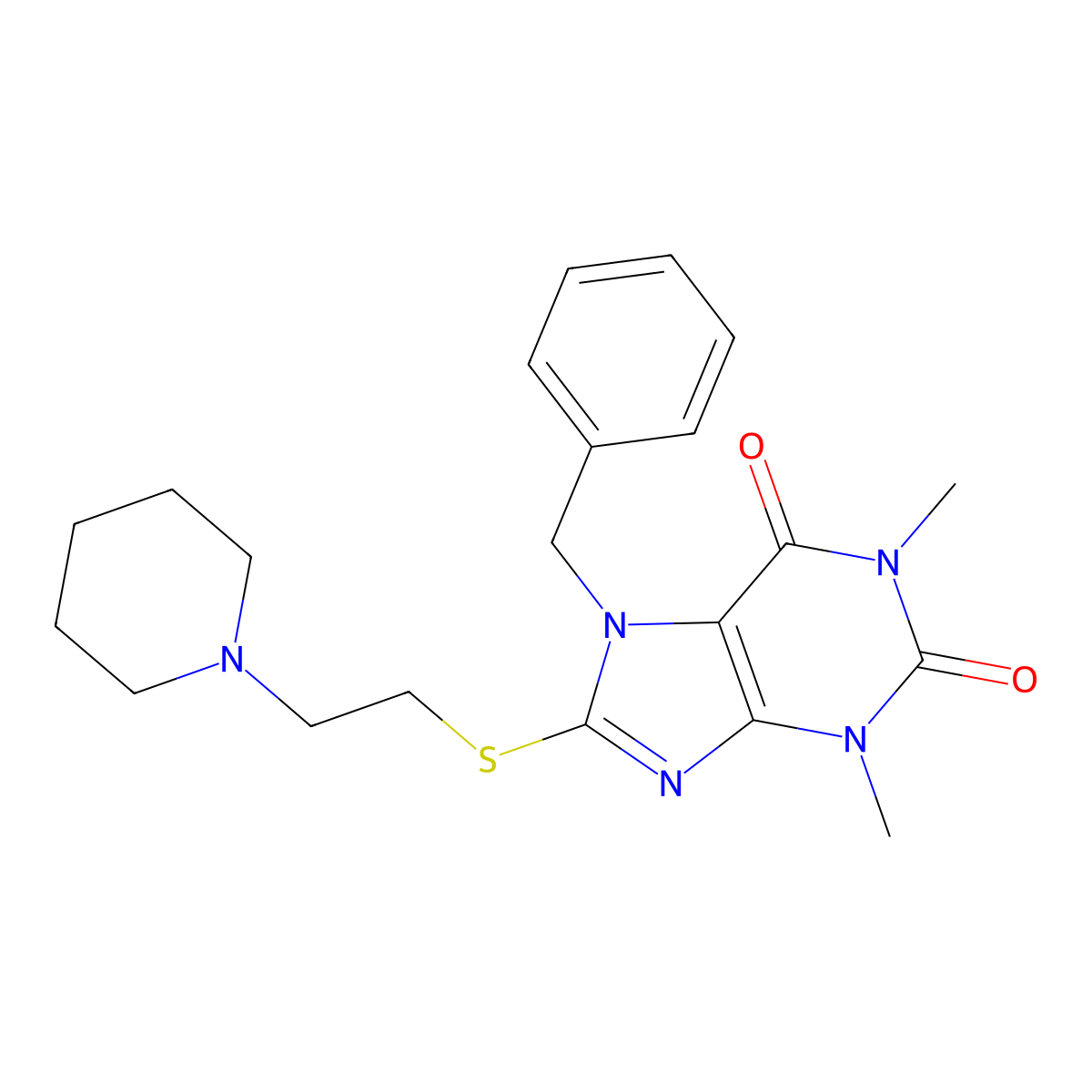 7-benzyl-1,3-dimethyl-8-((2-(piperidin-1-yl)ethyl)thio)-1H-purine-2,6(3H,7H)-dione molecular structure, CAS 843626-82-4