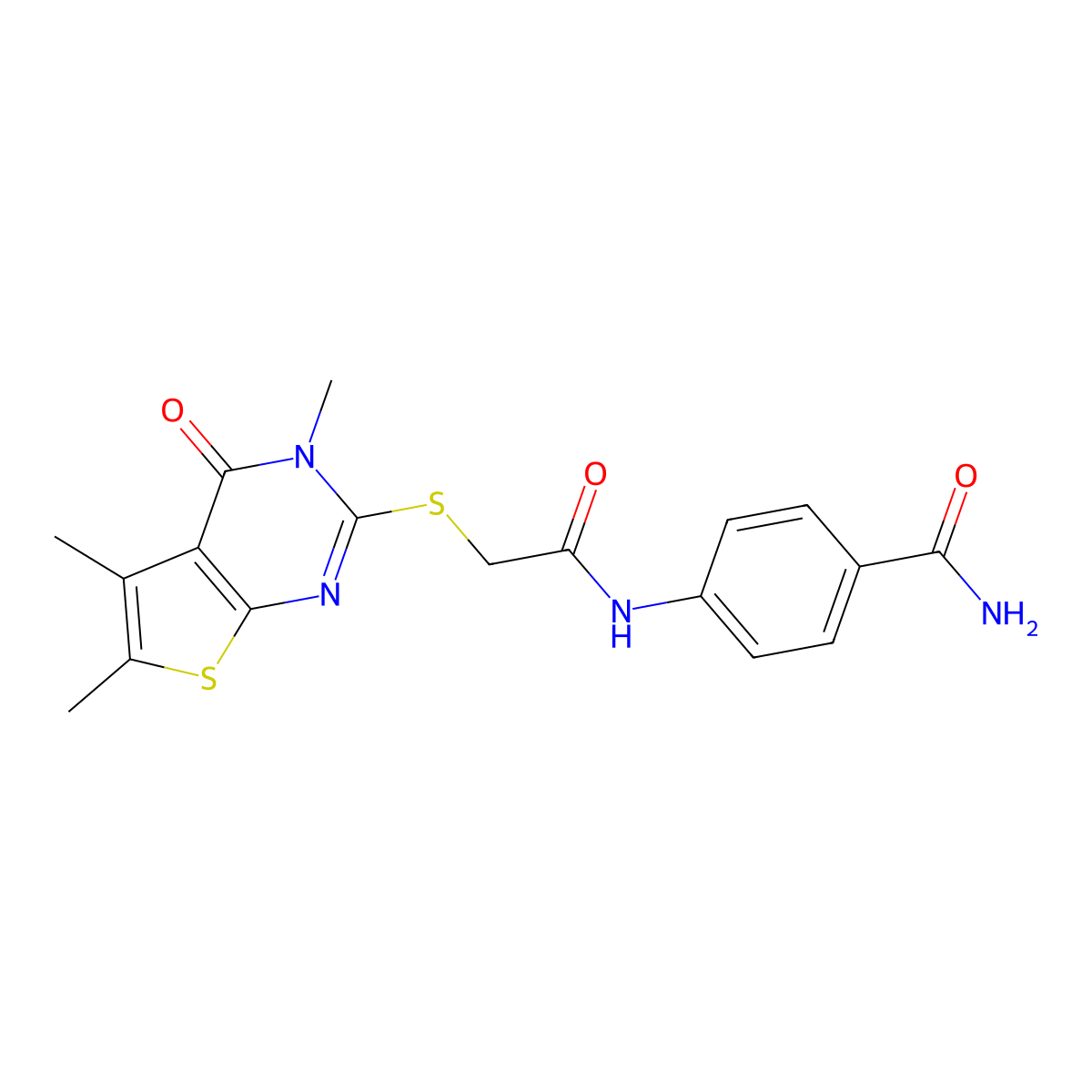 4-({[(3,5,6-Trimethyl-4-oxo-3,4-dihydrothieno[2,3-d]pyrimidin-2-yl)sulfanyl]acetyl}amino)benzamide molecular structure, CAS 843628-43-3