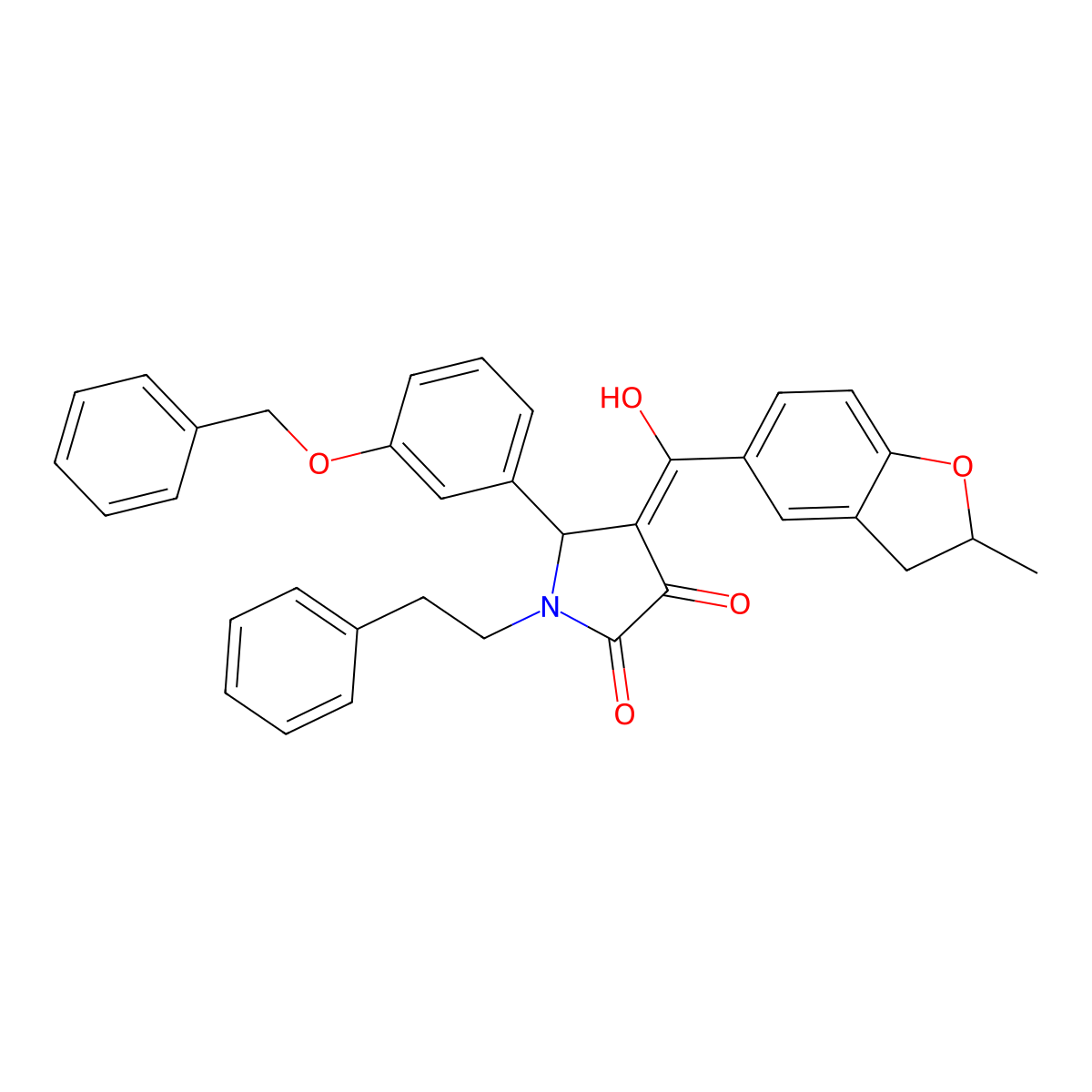 4-[Hydroxy-(2-methyl-2,3-dihydro-1-benzofuran-5-yl)methylidene]-1-(2-phenylethyl)-5-(3-phenylmethoxyphenyl)pyrrolidine-2,3-dione molecular structure, CAS 843629-43-6