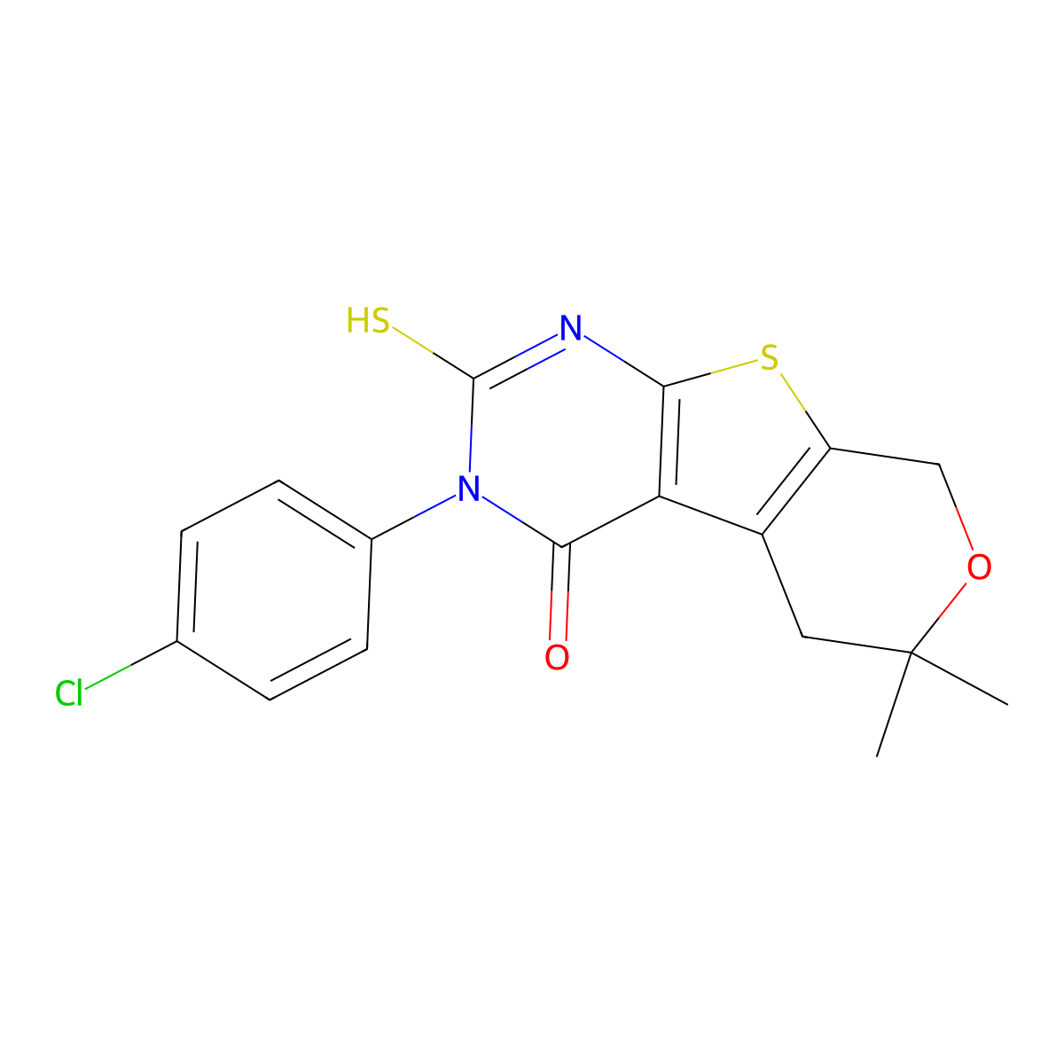 3-(4-chlorophenyl)-6,6-dimethyl-2-sulfanyl-3,5,6,8-tetrahydro-4H-pyrano[4',3':4,5]thieno[2,3-d]pyrimidin-4-one molecular structure, CAS 843631-22-1