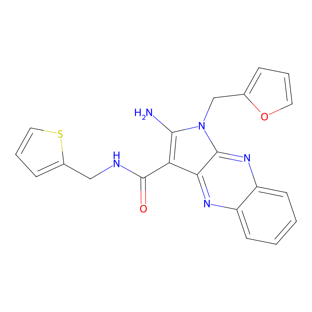 2-amino-1-(furan-2-ylmethyl)-N-(thiophen-2-ylmethyl)-1H-pyrrolo[2,3-b]quinoxaline-3-carboxamide molecular structure, CAS 843632-46-2