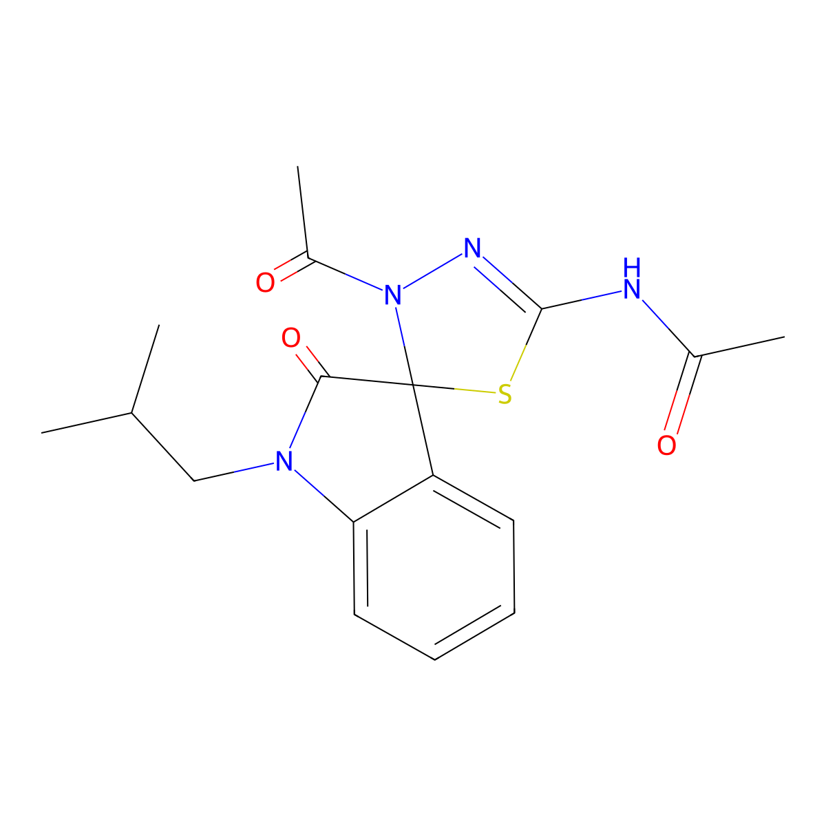 N-[3-acetyl-6-(2-methylpropyl)-7-oxospiro[1,3,4-thiadiazoline-2,3'-indoline]-5-yl]acetamide molecular structure, CAS 843632-78-0