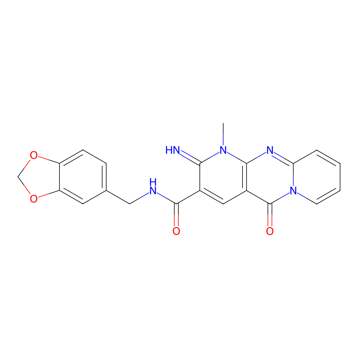 N-(1,3-benzodioxol-5-ylmethyl)-2-imino-1-methyl-5-oxo-1,5-dihydro-2H-dipyrido[1,2-a:2',3'-d]pyrimidine-3-carboxamide molecular structure, CAS 843633-74-9