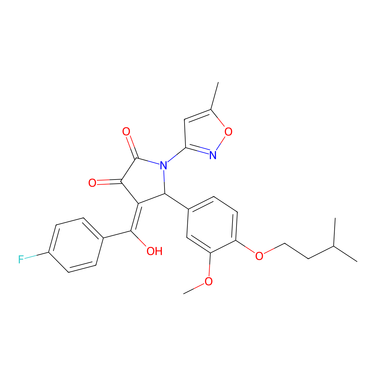 4-(4-fluorobenzoyl)-3-hydroxy-5-[3-methoxy-4-(3-methylbutoxy)phenyl]-1-(5-methyl-1,2-oxazol-3-yl)-2,5-dihydro-1H-pyrrol-2-one molecular structure, CAS 843634-24-2