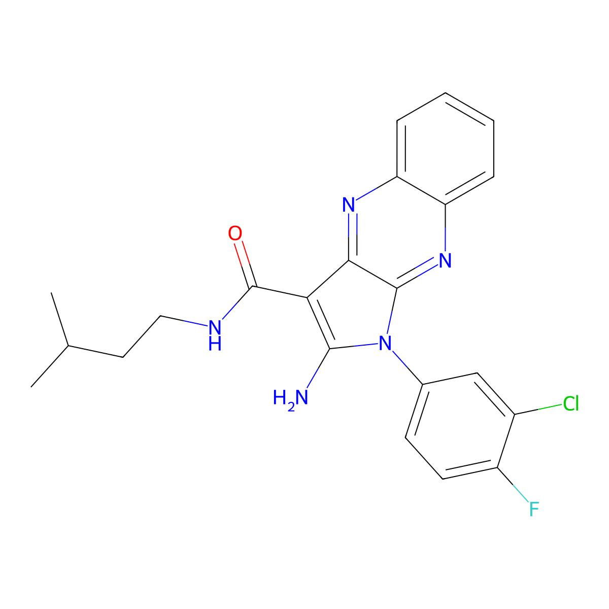 2-amino-1-(3-chloro-4-fluorophenyl)-N-isopentyl-1H-pyrrolo[2,3-b]quinoxaline-3-carboxamide molecular structure, CAS 843634-31-1