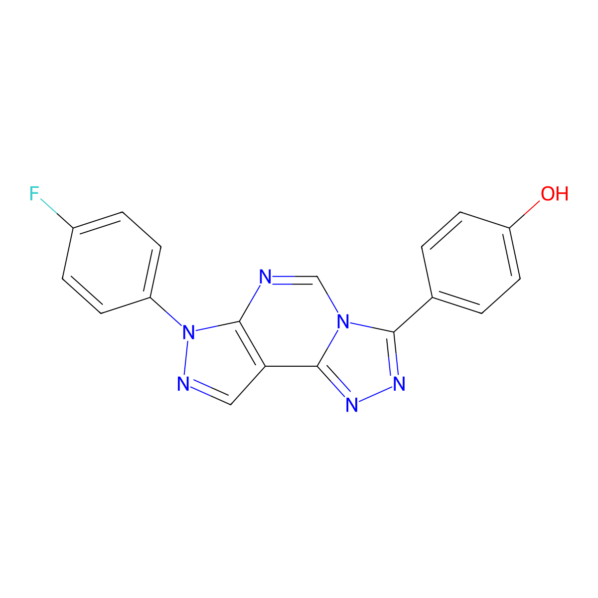 4-[7-(4-fluorophenyl)-7H-pyrazolo[4,3-e][1,2,4]triazolo[4,3-c]pyrimidin-3-yl]phenol molecular structure, CAS 843635-68-7