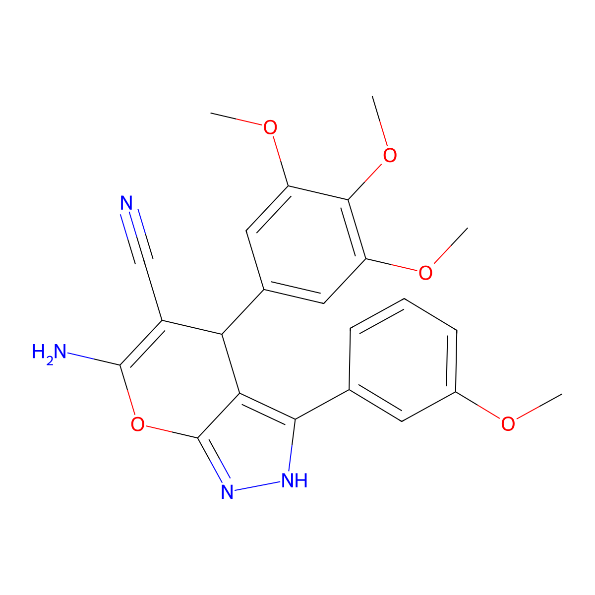6-Amino-3-(3-methoxyphenyl)-4-(3,4,5-trimethoxyphenyl)-2,4-dihydropyrano[2,3-c]pyrazole-5-carbonitrile molecular structure, CAS 843636-79-3