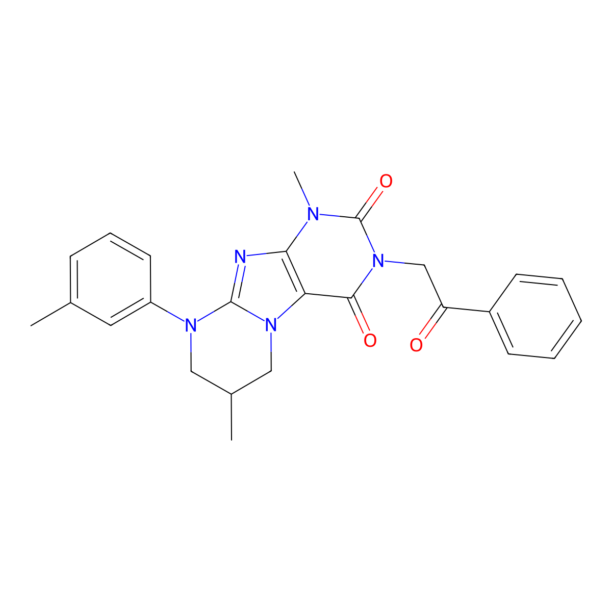 1,7-dimethyl-9-(3-methylphenyl)-3-(2-oxo-2-phenylethyl)-1H,2H,3H,4H,6H,7H,8H,9H-pyrimido[1,2-g]purine-2,4-dione molecular structure, CAS 843637-17-2