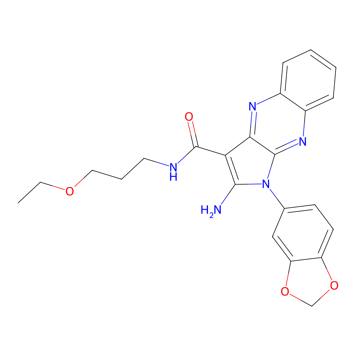 2-amino-1-(benzo[d][1,3]dioxol-5-yl)-N-(3-ethoxypropyl)-1H-pyrrolo[2,3-b]quinoxaline-3-carboxamide molecular structure, CAS 843637-79-6
