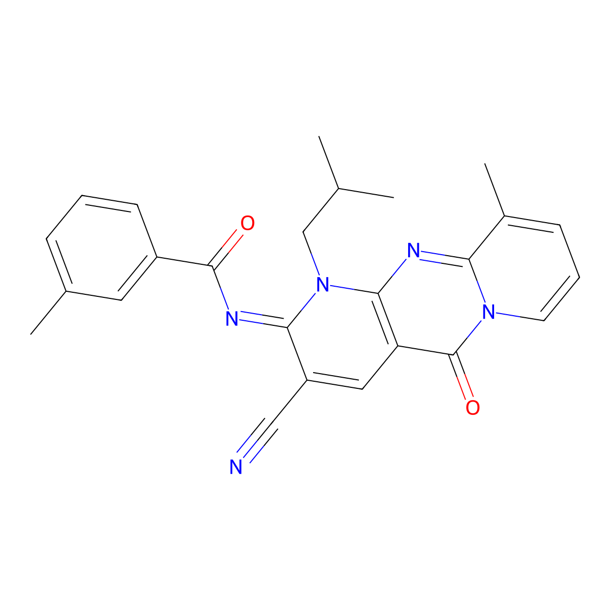 N-[5-Cyano-11-methyl-7-(2-methylpropyl)-2-oxo-1,7,9-triazatricyclo[8.4.0.03,8]tetradeca-3(8),4,9,11,13-pentaen-6-ylidene]-3-methylbenzamide molecular structure, CAS 843638-26-6