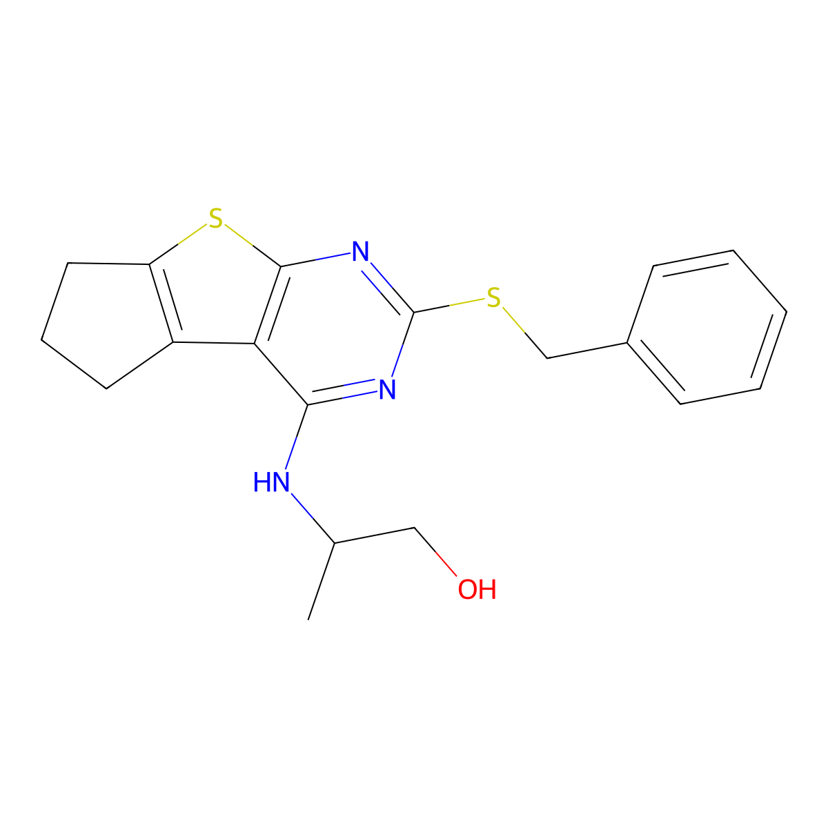 2-(2-Benzylsulfanyl-6,7-dihydro-5H-cyclopenta[4,5]thieno[2,3-d]pyrimidin-4-ylamino)-propan-1-ol molecular structure, CAS 843638-29-9