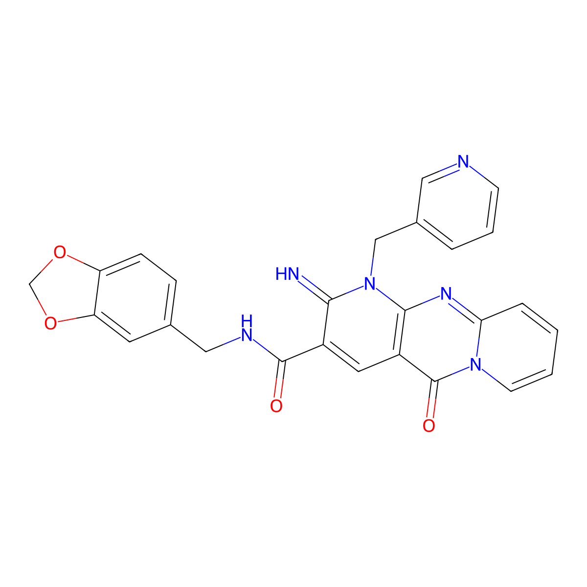 2H-Dipyrido[1,2-a:2',3'-d]pyrimidine-3-carboxamide, N-(1,3-benzodioxol-5-ylmethyl)-1,5-dihydro-2-imino-5-oxo-1-(3-pyridinylmethyl)- molecular structure, CAS 843638-38-0